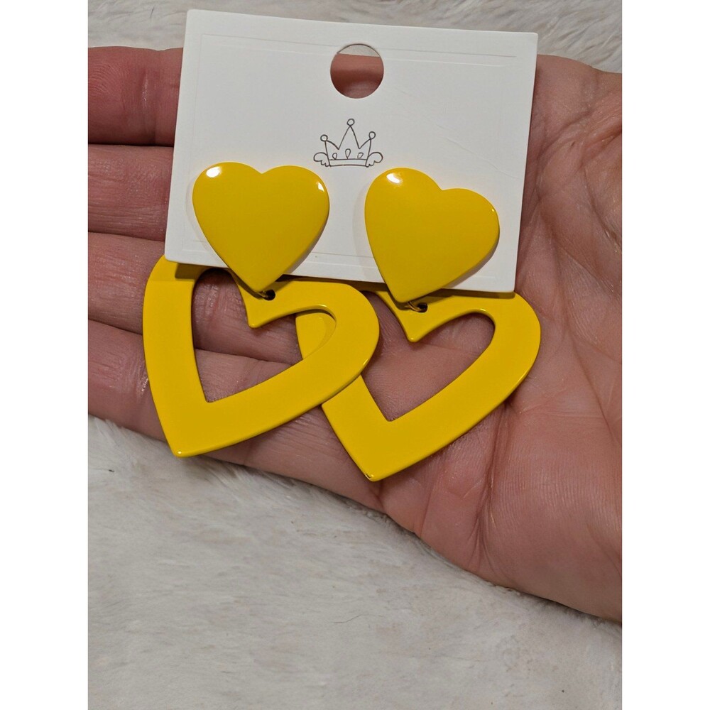 Bright Yellow Enamel Double Heart Dangle Earrings Bold Pop Art Statement